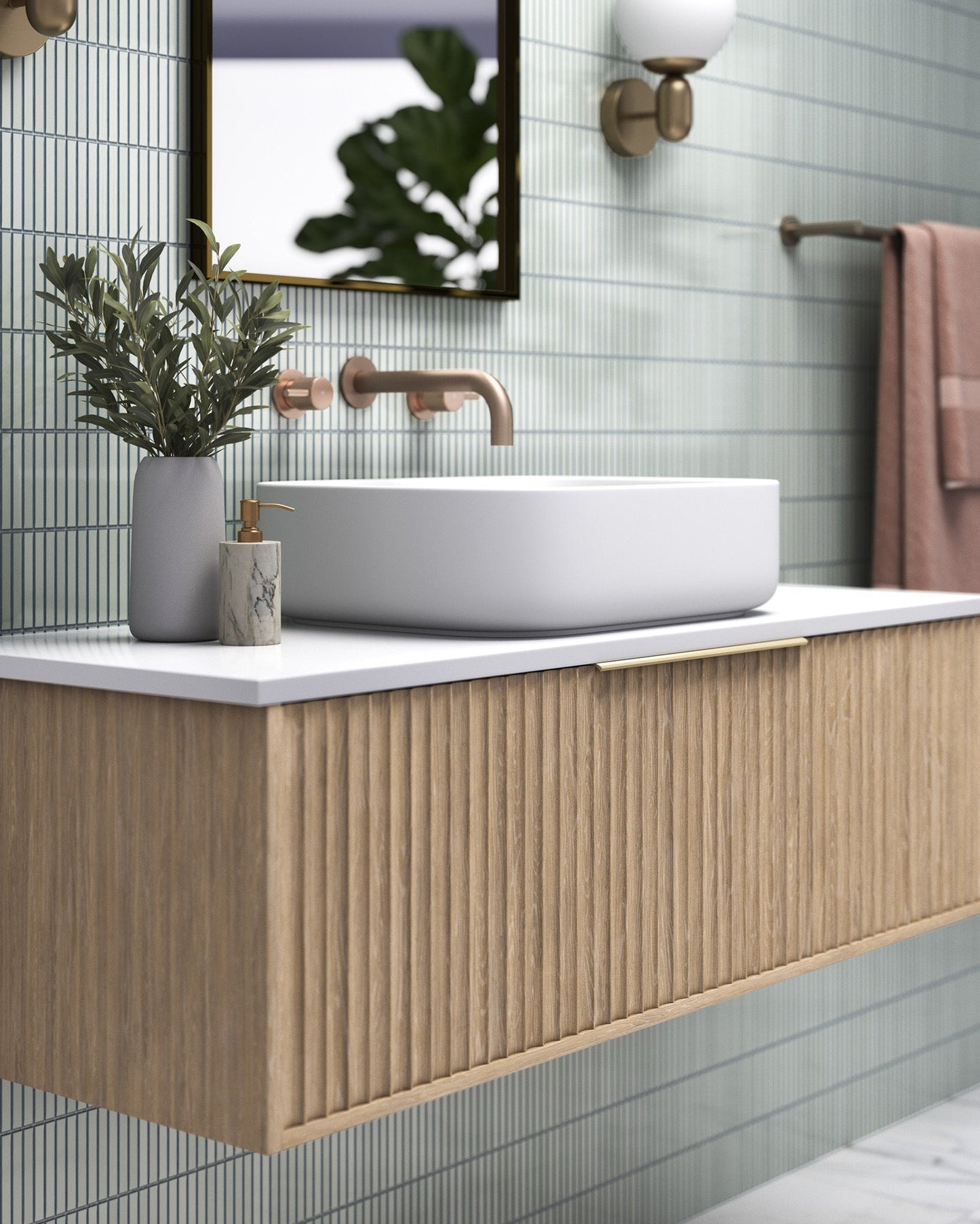 Vanity 1500mm - Wall Hung - Cove Fluted Feature in Oak finish