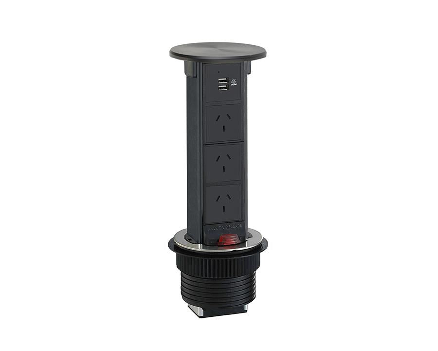 Docking Drawer Pop-Up Outlet with QI Wireless Charging in Black. 3 GPO & 2 USB-A by W&B