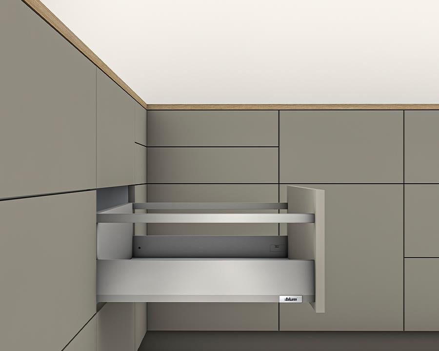 Blum MERIVOBOX modular E Height 192mm Single Gallery Rail Drawer 550mm with BLUMOTION in Indium Grey 40kg for drawer weight 15-40kg by W&B