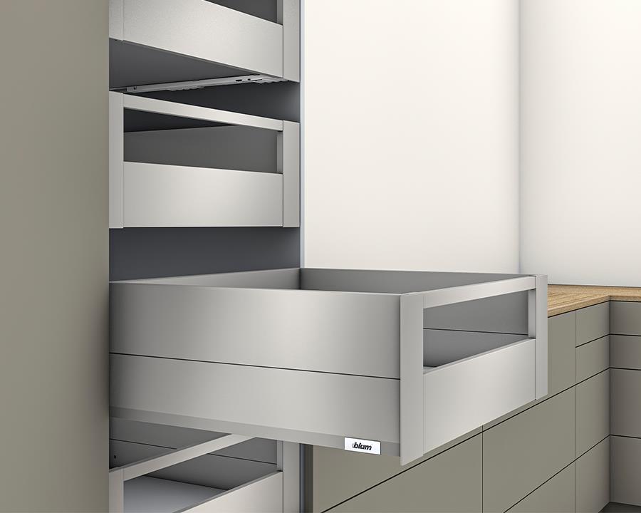 Blum MERIVOBOX modular E Height 192mm Inner Drawer BOXCAP with Gallery Rail 450mm with BLUMOTION in Indium Grey 40kg by W&B
