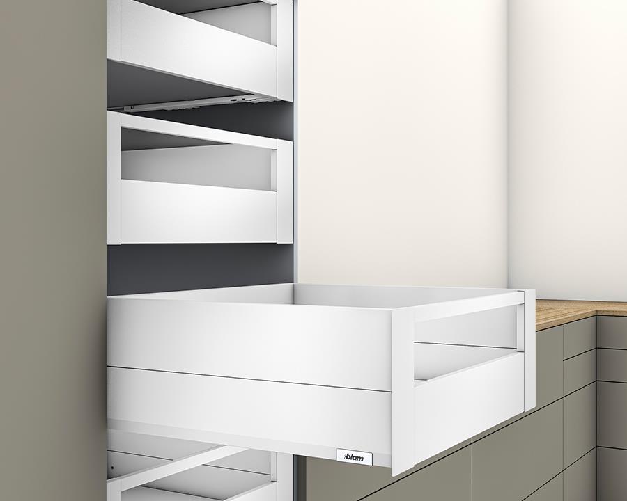 Blum MERIVOBOX modular E Height 192mm Inner Drawer BOXCAP with Gallery Rail 450mm with BLUMOTION in Silk White 40kg by W&B