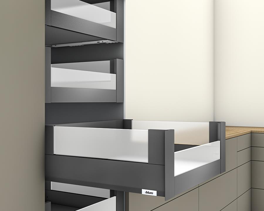 Blum MERIVOBOX modular E Height 192mm Inner Drawer BOXCOVER with Low Glass Design Element 500mm with BLUMOTION in Orion Grey 70kg. To suit 1200mm wide cabinet by W&B