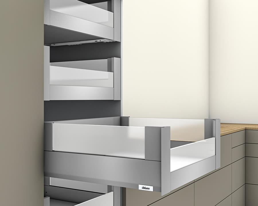 Blum MERIVOBOX modular E Height 192mm Inner Drawer BOXCOVER with Low Glass Design Element 500mm with BLUMOTION in Indium Grey 40kg. To suit 1200mm wide cabinet by W&B