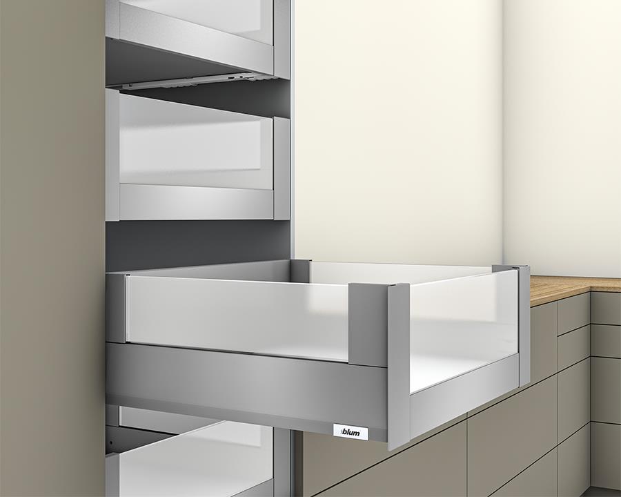 Blum MERIVOBOX modular E Height 192mm Inner Drawer BOXCOVER with High Glass Design Element 450mm with BLUMOTION in Indium Grey 70kg. To suit 600mm wide cabinet by W&B