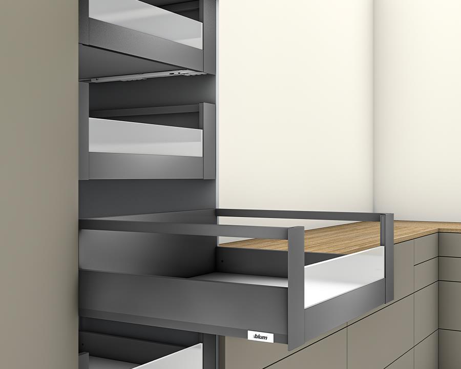 Blum MERIVOBOX modular E Height 192mm Inner Drawer Gallery with Low Glass Design Element 500mm with BLUMOTION in Orion Grey 70kg. To suit 600mm wide cabinet by W&B