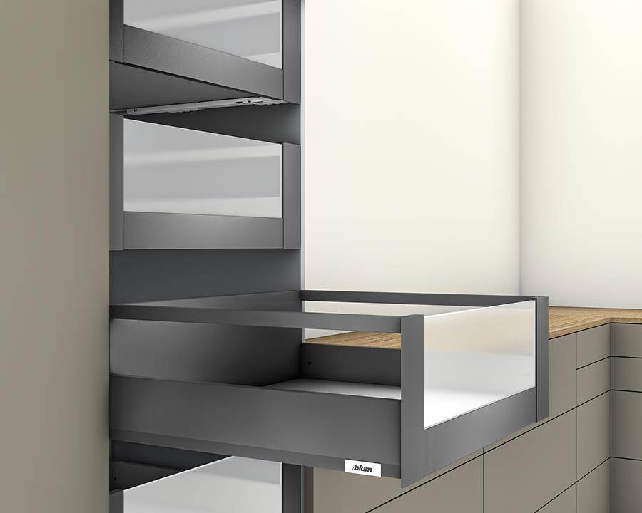 Blum MERIVOBOX modular E Height 192mm Inner Drawer Gallery with High Glass Design Element 350mm with BLUMOTION in Orion Grey 40kg. To suit 1200mm wide cabinet by W&B