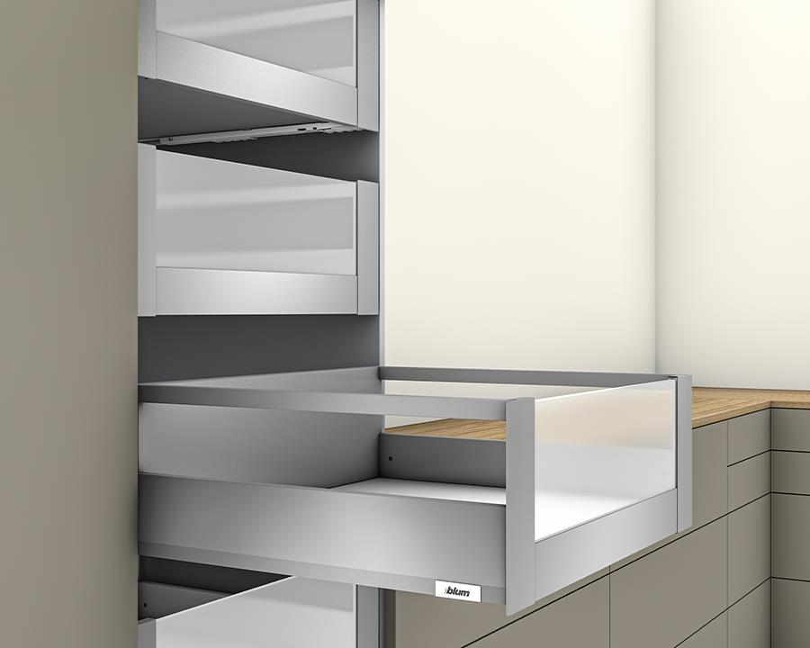 Blum MERIVOBOX modular E Height 192mm Inner Drawer Gallery with High Glass Design Element 500mm with BLUMOTION in Indium Grey 70kg. To suit 600mm wide cabinet by W&B