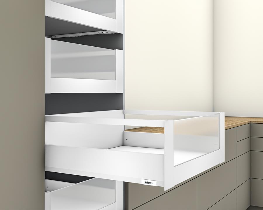 Blum MERIVOBOX modular E Height 192mm Inner Drawer Gallery with High Glass Design Element 600mm with BLUMOTION in Silk White 40kg. To suit 1200mm wide cabinet by W&B