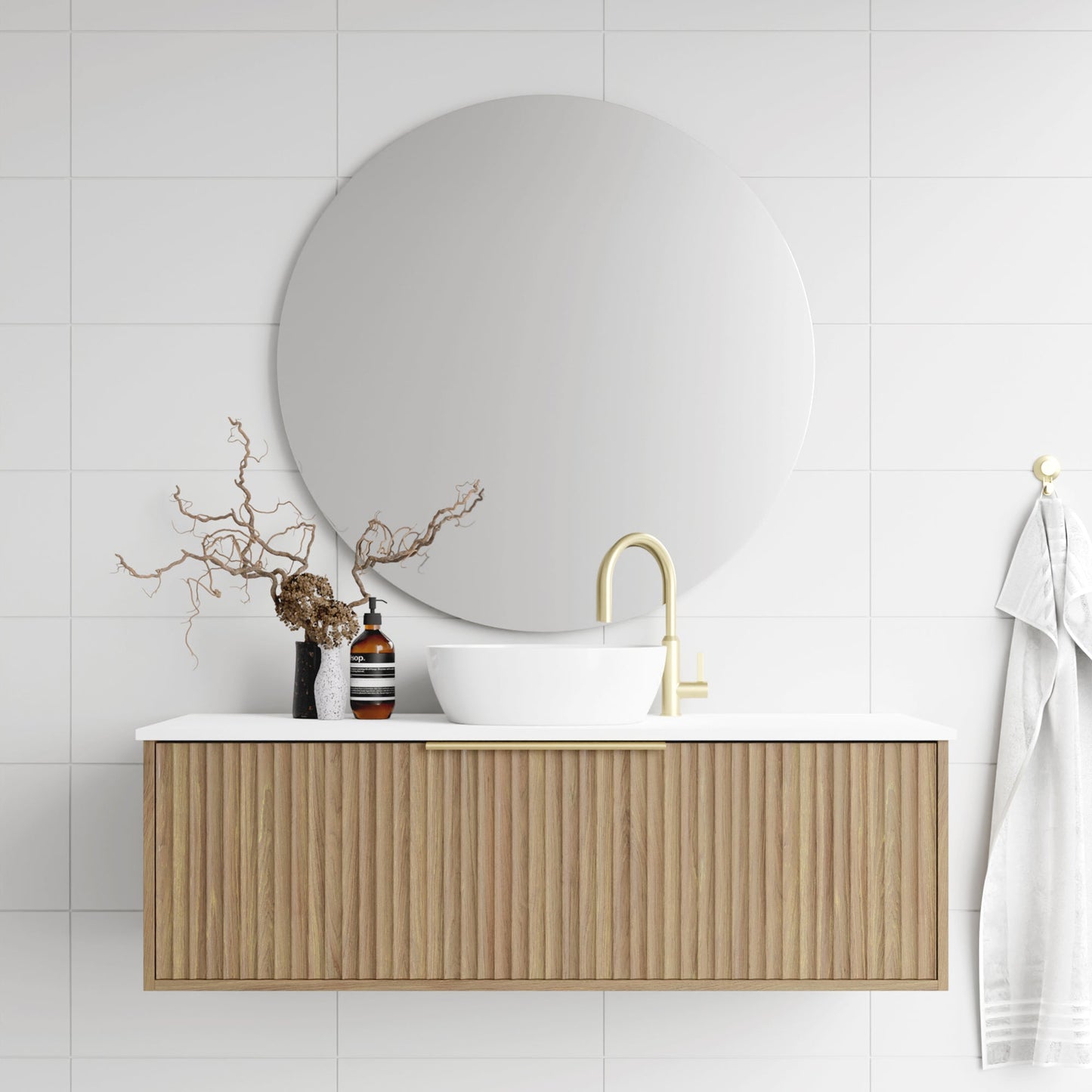 Vanity 750mm - Wall Hung - Cove Fluted Feature in Oak finish