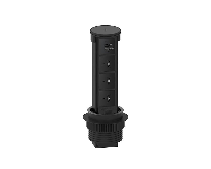 Docking Drawer Quad Flush Pop-Up Outlet with QI Wireless Charging in Black. 3 GPO, 1 USB-A & 1 USB-C by W&B