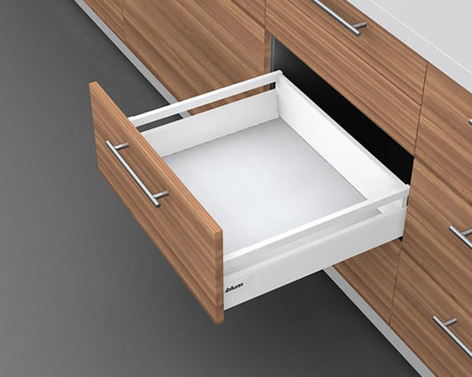 Blum TANDEMBOX antaro with TIP-ON BLUMOTION High Fronted Drawer B Height 135mm with Single Gallery Rail 30kg 450mm Silk White for drawer weight 15-40kg by W&B