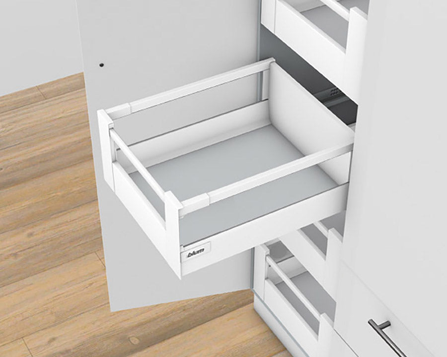 Blum TANDEMBOX Antaro with TIP-ON BLUMOTION Inner Drawer D Height with Single Gallery Rail 65kg 450mm Silk White for drawer weight 15-40kg by W&B