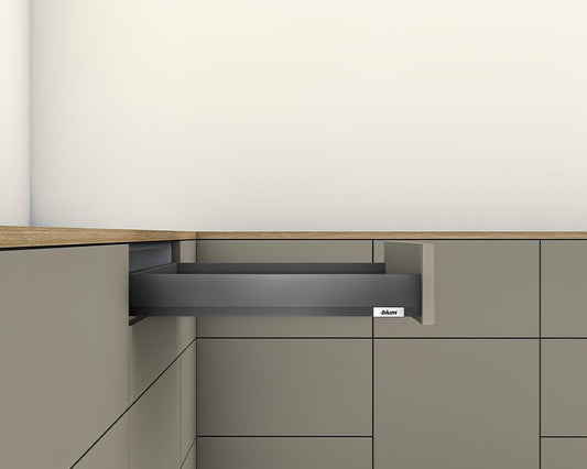 Blum MERIVOBOX N Height 68.5mm drawer 450mm with TIP-ON BLUMOTION in Orion Grey 70kg for drawer weight 35-70kg by W&B