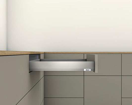 Blum MERIVOBOX N Height 68.5mm drawer 500mm with TIP-ON BLUMOTION in Indium Grey 70kg for drawer weight 35-70kg by W&B