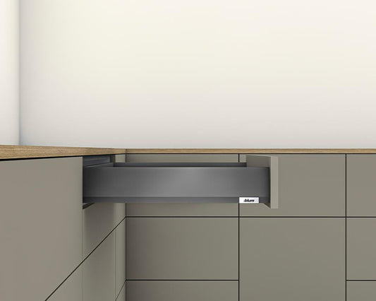 Blum MERIVOBOX M Height 91mm drawer 500mm with TIP-ON BLUMOTION in Orion Grey 40kg for drawer weight 0-20kg by W&B