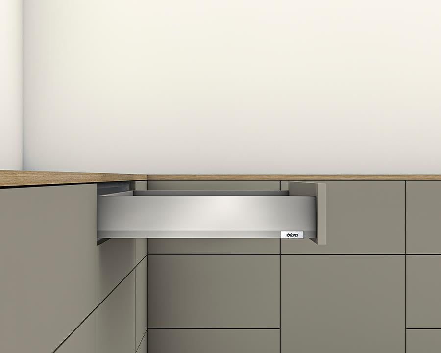 Blum MERIVOBOX M Height 91mm drawer 450mm with TIP-ON BLUMOTION in Indium Grey 40kg for drawer weight 0-20kg by W&B