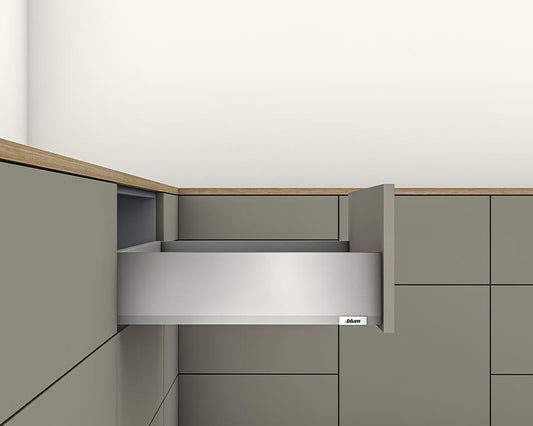 Blum MERIVOBOX K Height 129mm drawer 500mm with TIP-ON BLUMOTION in Indium Grey 70kg for drawer weight 35-70kg by W&B