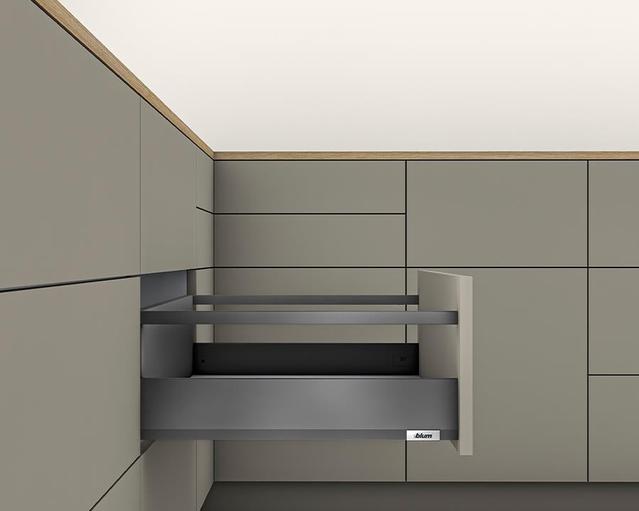 Blum MERIVOBOX modular E Height 192mm Single Gallery Rail Drawer 550mm with TIP-ON BLUMOTION in Orion Grey 70kg for drawer weight 35-70kg by W&B