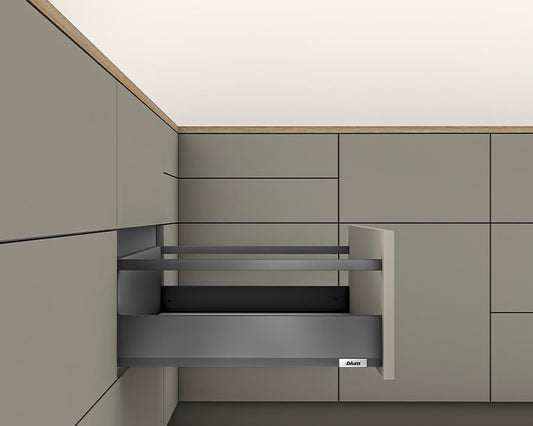 Blum MERIVOBOX modular E Height 192mm Single Gallery Rail Drawer 550mm with TIP-ON BLUMOTION in Orion Grey 70kg for drawer weight 35-70kg by W&B