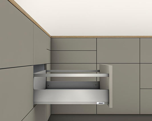 Blum MERIVOBOX modular E Height 192mm Single Gallery Rail Drawer 350mm with BLUMOTION in Indium Grey 40kg for drawer weight 15-40kg by W&B