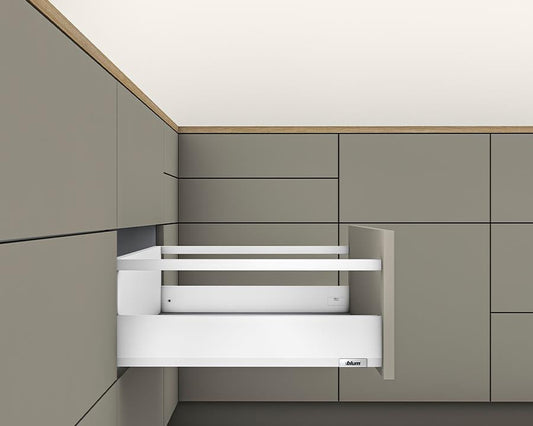 Blum MERIVOBOX modular E Height 192mm Single Gallery Rail Drawer 550mm with TIP-ON BLUMOTION in Silk White 40kg for drawer weight 0-20kg by W&B