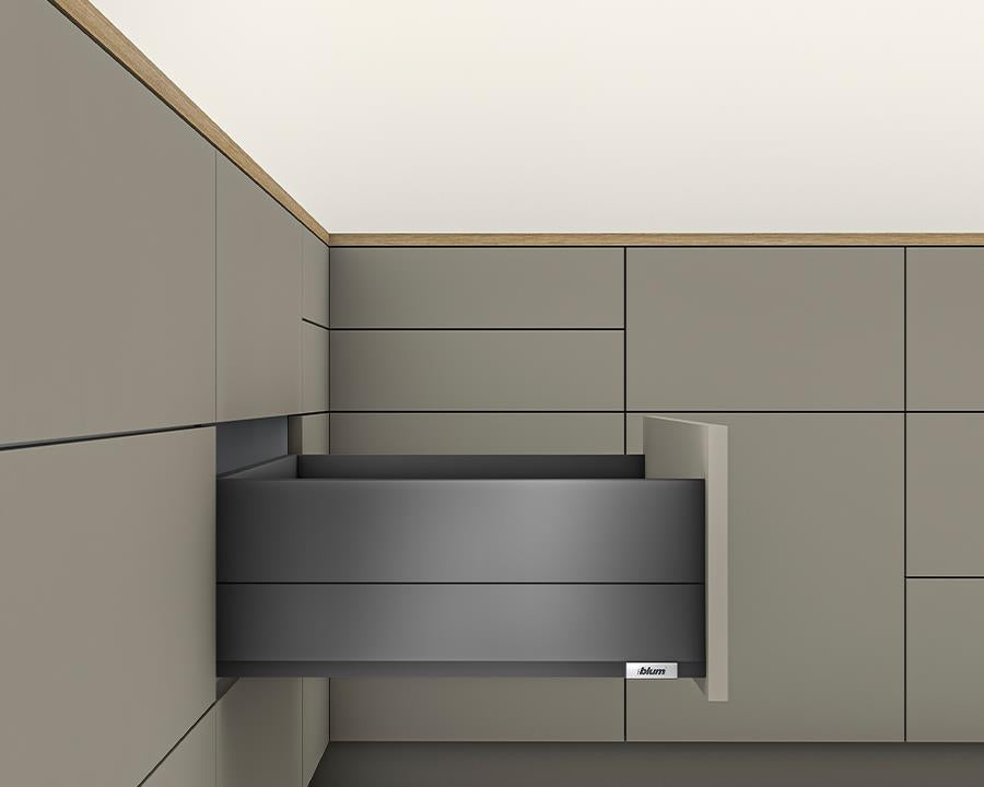 Blum MERIVOBOX modular E Height 192mm BOXCAP Drawer 350mm with TIP-ON BLUMOTION in Orion Grey 40kg for drawer weight 0-20kg by W&B