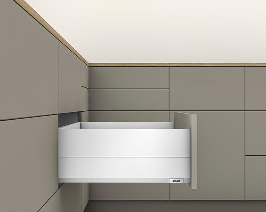 Blum MERIVOBOX modular E Height 192mm BOXCAP Drawer 400mm with TIP-ON BLUMOTION in Silk White 40kg for drawer weight 0-20kg by W&B