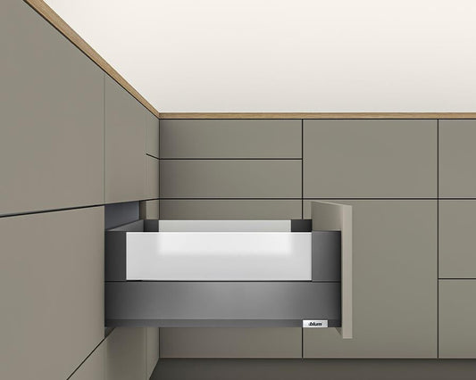 Blum MERIVOBOX modular E Height 192mm BOXCOVER Drawer 600mm with TIP-ON BLUMOTION in Orion Grey 70kg for drawer weight 35-70kg by W&B