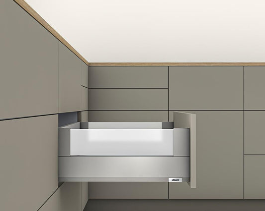 Blum MERIVOBOX modular E Height 192mm BOXCOVER Drawer 500mm with TIP-ON BLUMOTION in Indium Grey 70kg for drawer weight 35-70kg by W&B