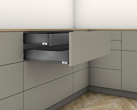 Blum MERIVOBOX M Height 91mm Inner Drawer 550mm with BLUMOTION in Orion Grey 70kg by W&B