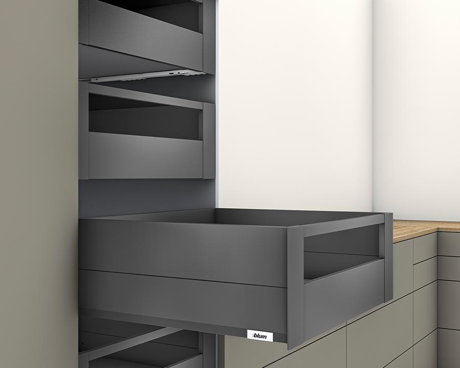 Blum MERIVOBOX modular E Height 192mm Inner Drawer BOXCAP with Gallery Rail 450mm with BLUMOTION in Orion Grey 70kg by W&B