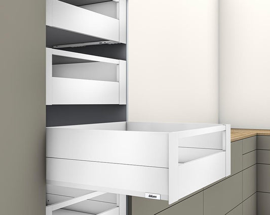Blum MERIVOBOX modular E Height 192mm Inner Drawer BOXCAP with Gallery Rail 550mm with BLUMOTION in Silk White 70kg by W&B