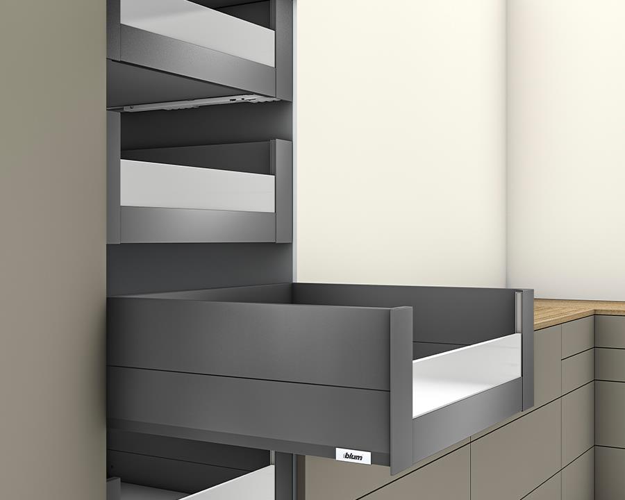 Blum MERIVOBOX modular E Height 192mm Inner Drawer BOXCAP with Low Glass Design Element 450mm with BLUMOTION in Orion Grey 40kg. To suit 1200mm wide cabinet by W&B