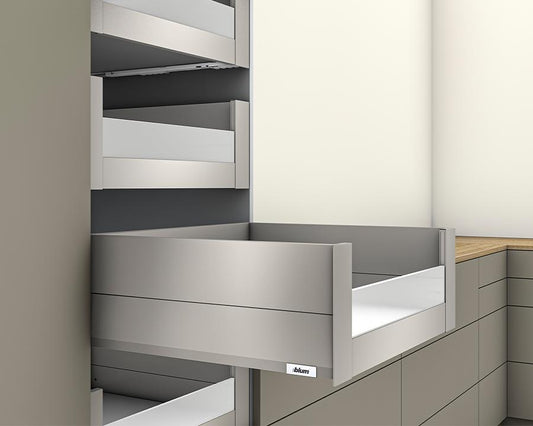 Blum MERIVOBOX modular E Height 192mm Inner Drawer BOXCAP with Low Glass Design Element 270mm with BLUMOTION in Indium Grey 40kg. To suit 600mm wide cabinet by W&B
