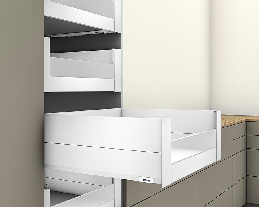 Blum MERIVOBOX modular E Height 192mm Inner Drawer BOXCAP with Low Glass Design Element 350mm with BLUMOTION in Silk White 40kg. To suit 600mm wide cabinet by W&B