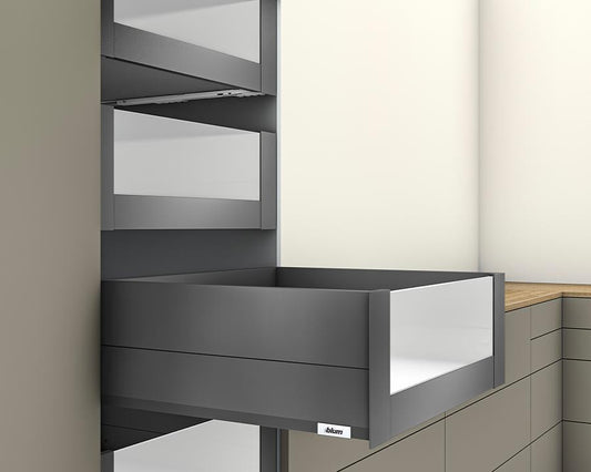 Blum MERIVOBOX modular E Height 192mm Inner Drawer BOXCAP with High Glass Design Element 450mm with BLUMOTION in Orion Grey 70kg. To suit 600mm wide cabinet by W&B