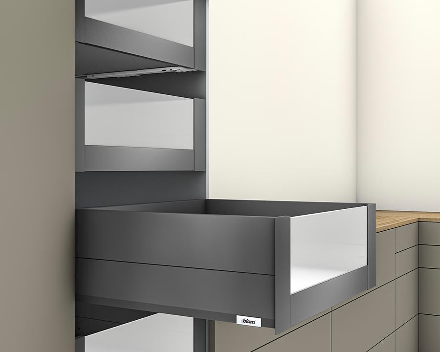 Blum MERIVOBOX modular E Height 192mm Inner Drawer BOXCAP with High Glass Design Element 500mm with BLUMOTION in Orion Grey 70kg. To suit 1200mm wide cabinet by W&B