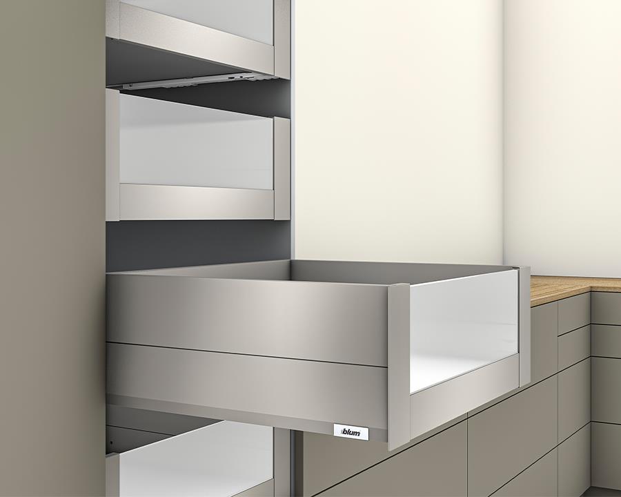 Blum MERIVOBOX modular E Height 192mm Inner Drawer BOXCAP with High Glass Design Element 270mm with BLUMOTION in Indium Grey 40kg. To suit 600mm wide cabinet by W&B