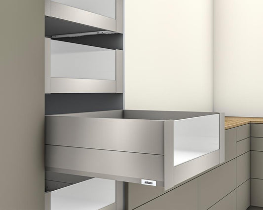 Blum MERIVOBOX modular E Height 192mm Inner Drawer BOXCAP with High Glass Design Element 600mm with BLUMOTION in Indium Grey 70kg. To suit 1200mm wide cabinet by W&B
