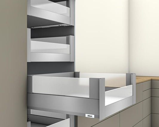 Blum MERIVOBOX modular E Height 192mm Inner Drawer BOXCOVER with Low Glass Design Element 600mm with BLUMOTION in Indium Grey 40kg. To suit 1200mm wide cabinet by W&B