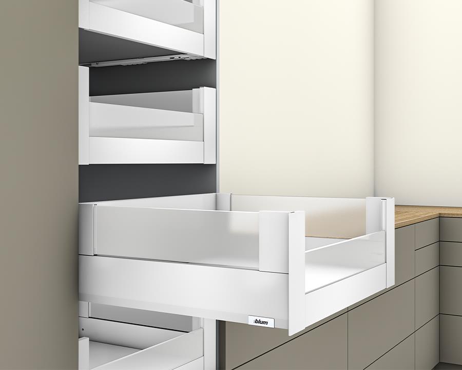 Blum MERIVOBOX modular E Height 192mm Inner Drawer BOXCOVER with Low Glass Design Element 550mm with BLUMOTION in Silk White 70kg. To suit 600mm wide cabinet by W&B
