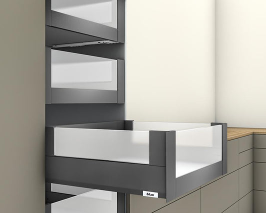 Blum MERIVOBOX modular E Height 192mm Inner Drawer BOXCOVER with High Glass Design Element 550mm with BLUMOTION in Orion Grey 70kg. To suit 600mm wide cabinet by W&B