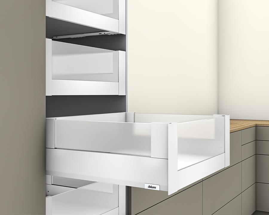 Blum MERIVOBOX modular E Height 192mm Inner Drawer BOXCOVER with High Glass Design Element 500mm with BLUMOTION in Silk White 70kg. To suit 600mm wide cabinet by W&B