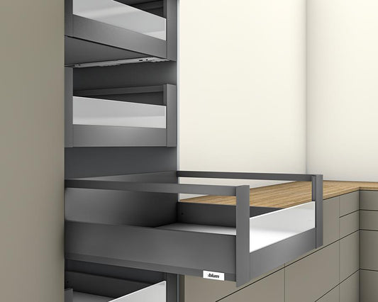 Blum MERIVOBOX modular E Height 192mm Inner Drawer Gallery with Low Glass Design Element 600mm with BLUMOTION in Orion Grey 70kg. To suit 600mm wide cabinet by W&B