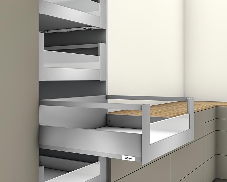 Blum MERIVOBOX modular E Height 192mm Inner Drawer Gallery with Low Glass Design Element 450mm with BLUMOTION in Indium Grey 40kg. To suit 1200mm wide cabinet by W&B