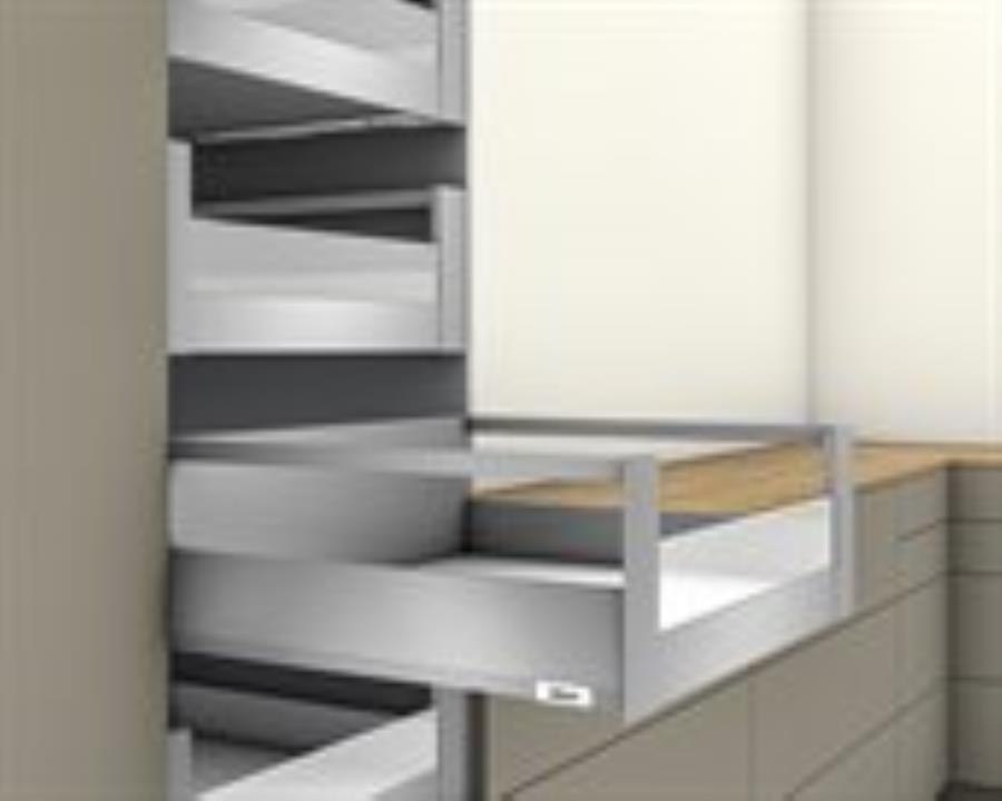 Blum MERIVOBOX modular E Height 192mm Inner Drawer Gallery with Low Glass Design Element 450mm with BLUMOTION in Indium Grey 70kg. To suit 1200mm wide cabinet by W&B