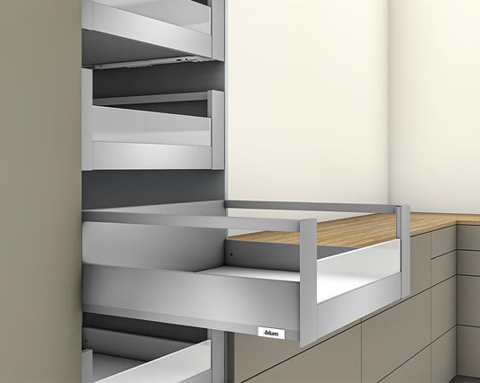 Blum MERIVOBOX modular E Height 192mm Inner Drawer Gallery with Low Glass Design Element 550mm with BLUMOTION in Indium Grey 70kg. To suit 600mm wide cabinet by W&B