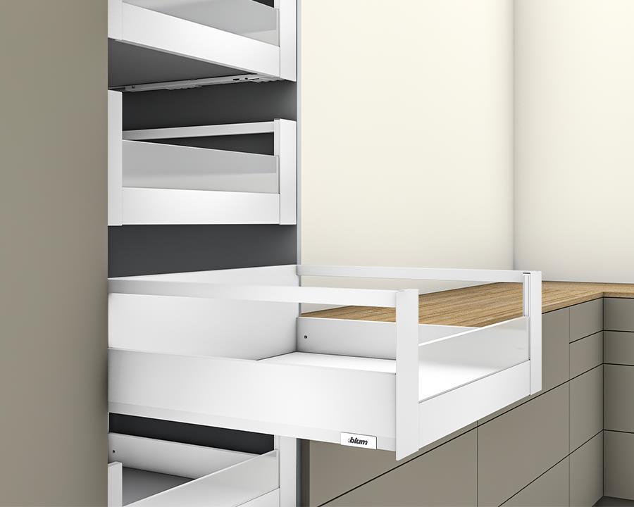 Blum MERIVOBOX modular E Height 192mm Inner Drawer Gallery with Low Glass Design Element 400mm with BLUMOTION in Silk White 40kg. To suit 600mm wide cabinet by W&B