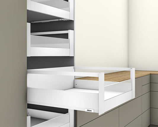 Blum MERIVOBOX modular E Height 192mm Inner Drawer Gallery with Low Glass Design Element 600mm with BLUMOTION in Silk White 70kg. To suit 600mm wide cabinet by W&B