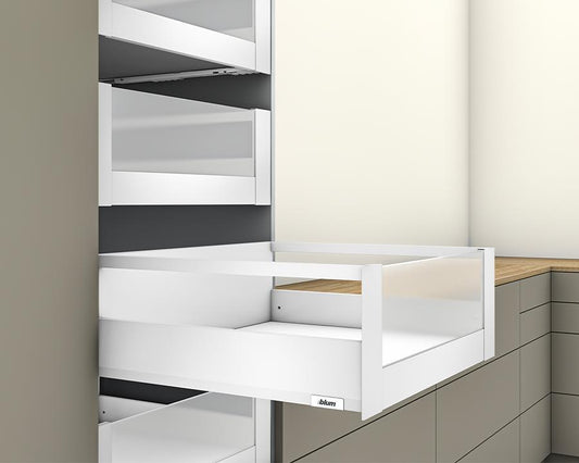 Blum MERIVOBOX modular E Height 192mm Inner Drawer Gallery with High Glass Design Element 600mm with BLUMOTION in Silk White 70kg. To suit 600mm wide cabinet by W&B